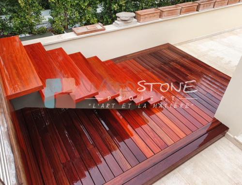 Réalisation deck piscine + escalier en bois exotique type padouk